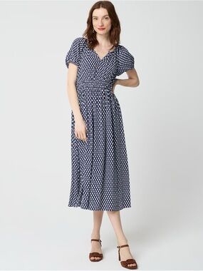 J.Crew Block-print midi dress Antique Navy Floral XXSP 2XSP NWT Puff Sleeve